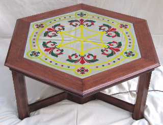 Solid Mahogany Table with etched and coloured mirror top